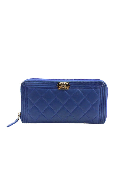 Chanel Womens Leather Quilted Boy Zipped Long Card Wallet Blue