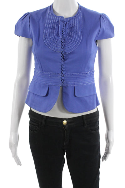 BCBG Max Azria Women Blue Short Sleeve Crewneck Button Up Blouse Size XS