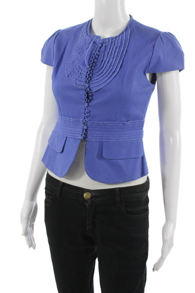 BCBG Max Azria Women Blue Short Sleeve Crewneck Button Up Blouse Size XS