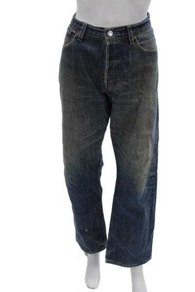 Levis Men Straight Wide Leg Dark Blue Mid Rise Cotton Jeans Size 32
