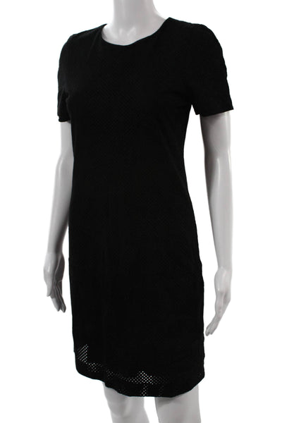 Theory Women Shift Dress Black Silk Crew Neck Knee Length Short Sleeve Size 4