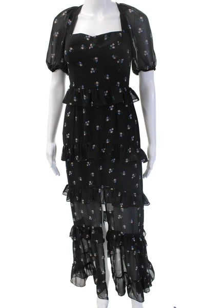 Wayf Womens Maxi Floral Square Neck Short Sleeve Dress Black Size XS