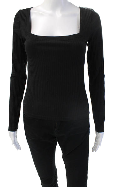 Zara Women Basic Black Square Neck Long Sleeve Top Zip Cotton Elastane Size S