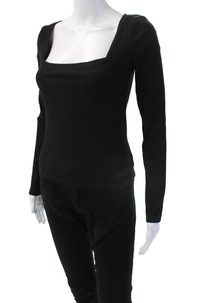 Zara Women Basic Black Square Neck Long Sleeve Top Zip Cotton Elastane Size S
