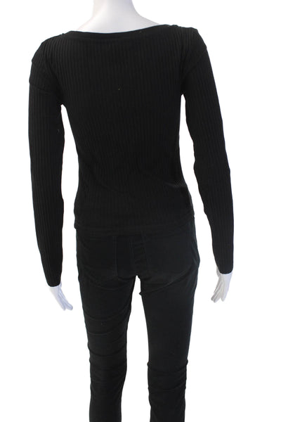 Zara Women Basic Black Square Neck Long Sleeve Top Zip Cotton Elastane Size S