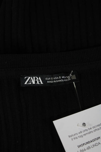 Zara Women Basic Black Square Neck Long Sleeve Top Zip Cotton Elastane Size S