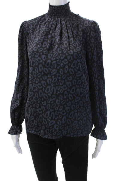 Tucker Womens Leopard Silk Blend Blouse High Neck Button Long Sleeve Size 2XS