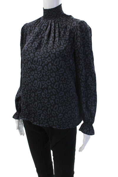 Tucker Womens Leopard Silk Blend Blouse High Neck Button Long Sleeve Size 2XS