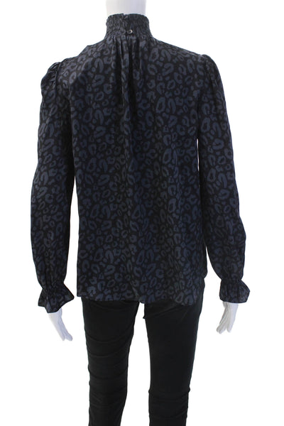 Tucker Womens Leopard Silk Blend Blouse High Neck Button Long Sleeve Size 2XS