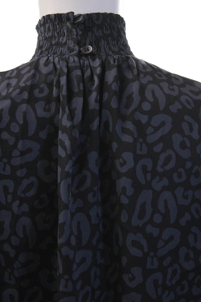 Tucker Womens Leopard Silk Blend Blouse High Neck Button Long Sleeve Size 2XS