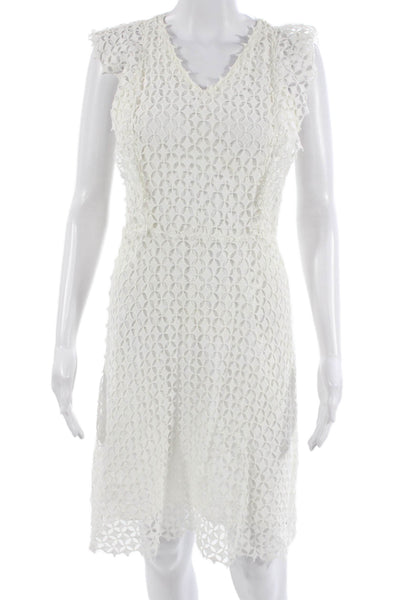 Elie Tahari Women Fit & Flare Dress White V Neck Knee Length Zip Size 4