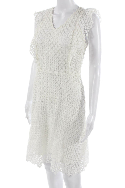 Elie Tahari Women Fit & Flare Dress White V Neck Knee Length Zip Size 4