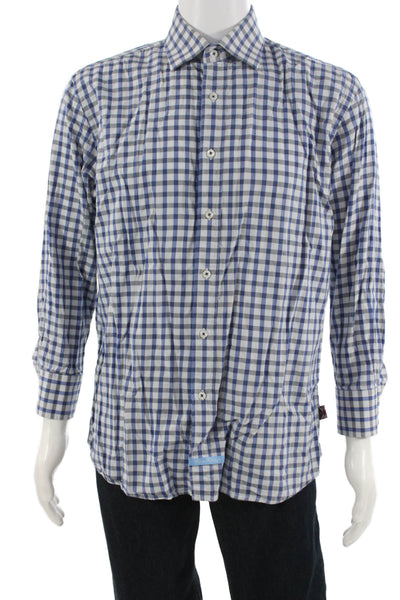 English Laundry Mens Point Collar Check Button Up Blue Nylon Long Sleeve Size L