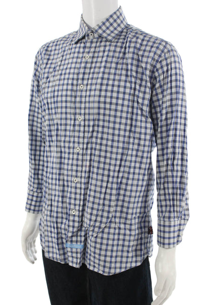 English Laundry Mens Point Collar Check Button Up Blue Nylon Long Sleeve Size L