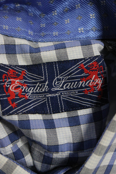 English Laundry Mens Point Collar Check Button Up Blue Nylon Long Sleeve Size L