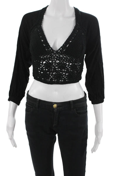 Surf Gypsy Women Cropped V-Neck Black 3/4 Sleeve Rayon Bohemian Top Size S