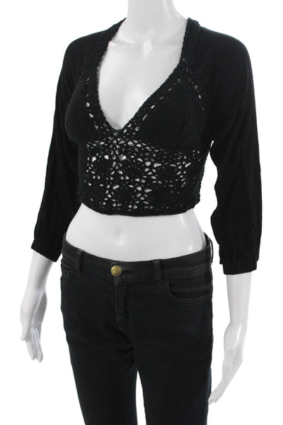 Surf Gypsy Women Cropped V-Neck Black 3/4 Sleeve Rayon Bohemian Top Size S