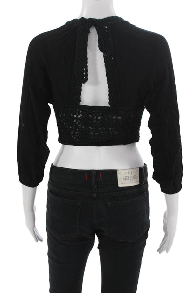 Surf Gypsy Women Cropped V-Neck Black 3/4 Sleeve Rayon Bohemian Top Size S