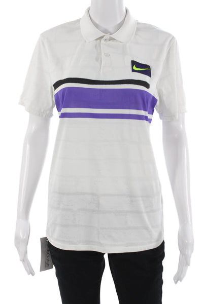 Nike Mens White Striped Collared Short Sleeve Polo Polyester Size S