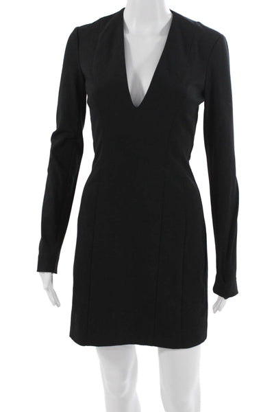 Theory Womens Sheath Mini Dress Black V-Neck Long Sleeve Hook & Eye Size 2