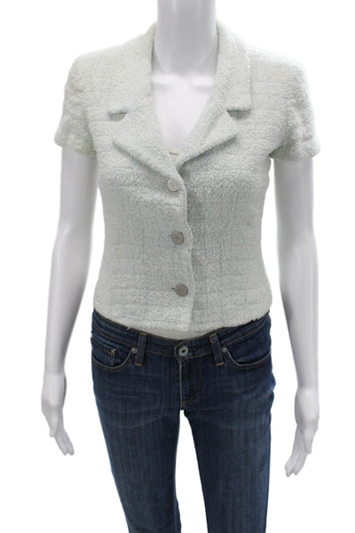 Chanel Womens Light Blue Silk Short Sleeve Collared Blazer Button Size 38