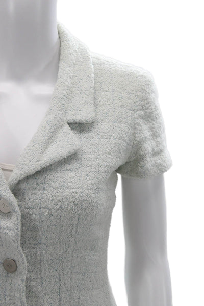 Chanel Womens Light Blue Silk Short Sleeve Collared Blazer Button Size 38