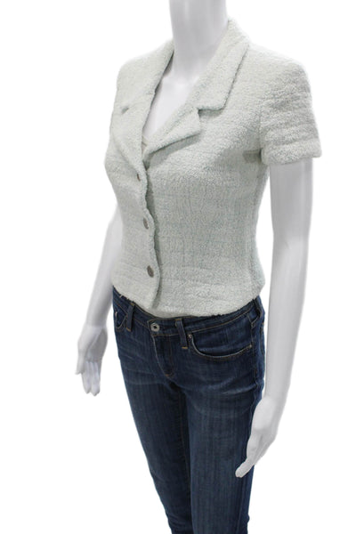 Chanel Womens Light Blue Silk Short Sleeve Collared Blazer Button Size 38