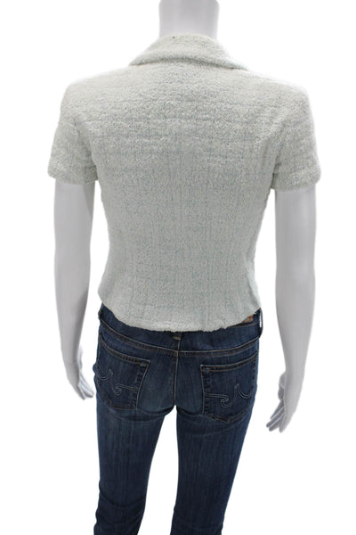 Chanel Womens Light Blue Silk Short Sleeve Collared Blazer Button Size 38