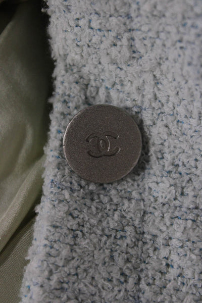 Chanel Womens Light Blue Silk Short Sleeve Collared Blazer Button Size 38