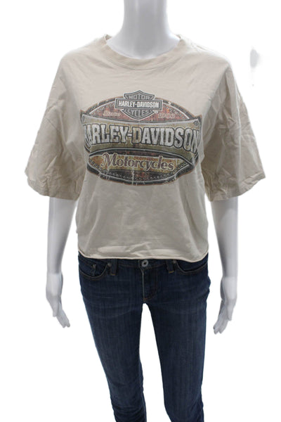 Riley Women Cropped Graphic Biker T Shirt Beige Crew Neck Short Sleeve Size L