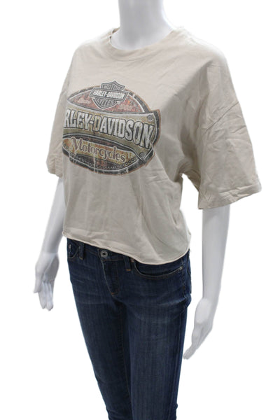 Riley Women Cropped Graphic Biker T Shirt Beige Crew Neck Short Sleeve Size L