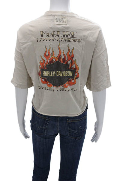 Riley Women Cropped Graphic Biker T Shirt Beige Crew Neck Short Sleeve Size L