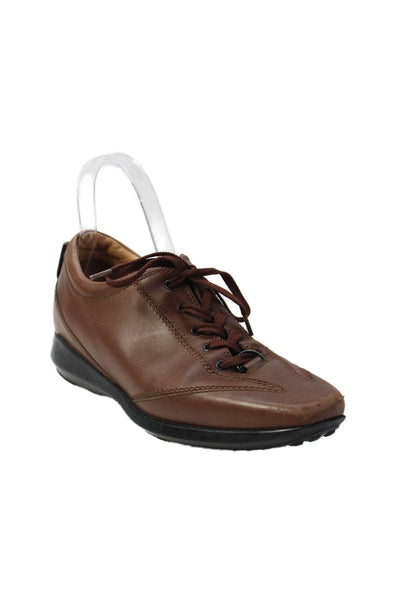 Tods Womens Lace Up Square Toe Low Top Sneakers Brown Leather Size 37.5