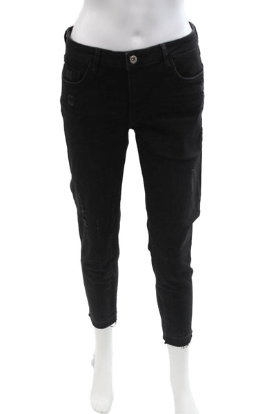 Zara Womens Black Ankle Cropped Jeans Mid Rise Button Size 10
