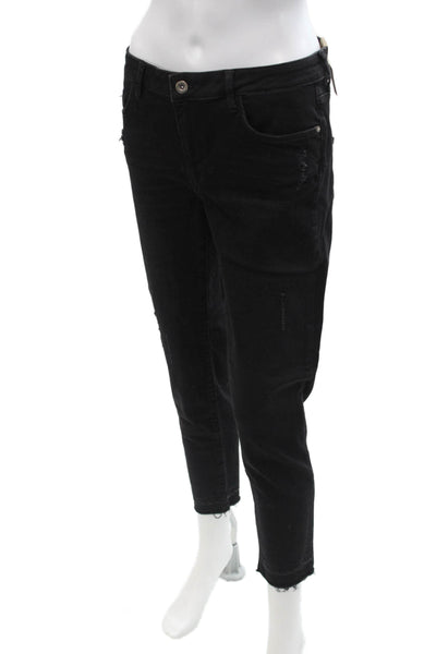 Zara Womens Black Ankle Cropped Jeans Mid Rise Button Size 10