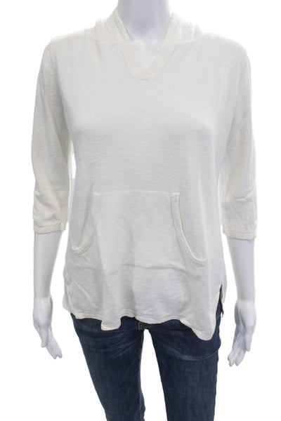 Grainne & Co Women Pullover Hoodie V Neck 3/4 Sleeve White Linen Rayon Size 1