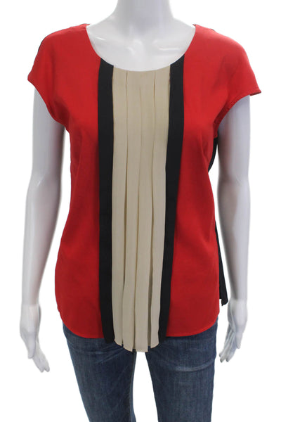 BASLER Women Red Striped Short Sleeve Button Round Neck Blouse Size 42