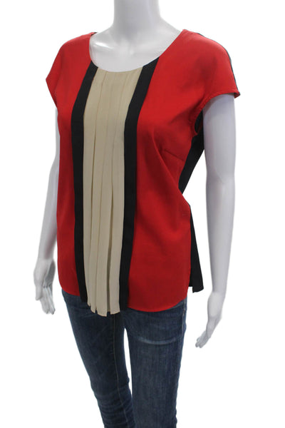 BASLER Women Red Striped Short Sleeve Button Round Neck Blouse Size 42