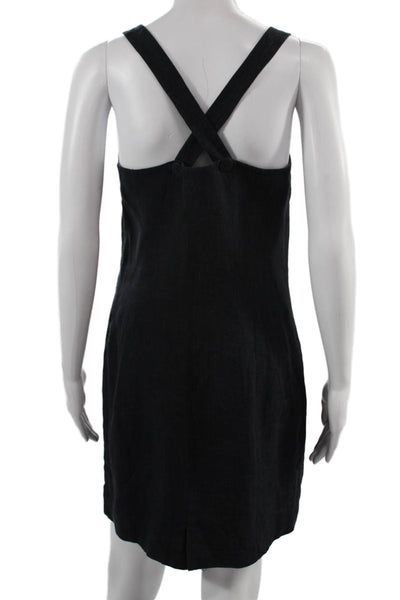 Renato Nucci Women Shift Tank Dress Black Linen V-Neck Button Sleeveless Size 4