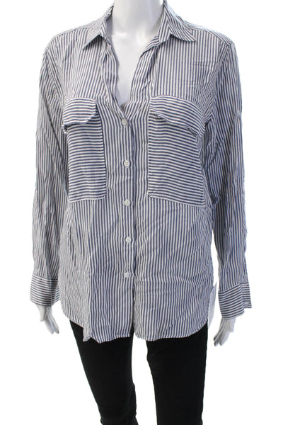 Zara Womens Striped Button-Up Long Sleeve Blouse Blue Cotton Blend Size M