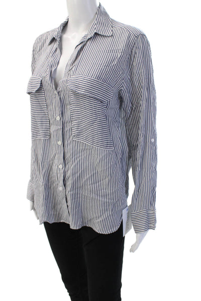 Zara Womens Striped Button-Up Long Sleeve Blouse Blue Cotton Blend Size M