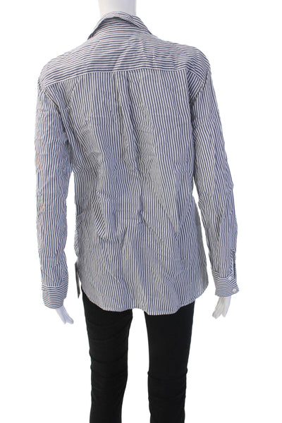 Zara Womens Striped Button-Up Long Sleeve Blouse Blue Cotton Blend Size M