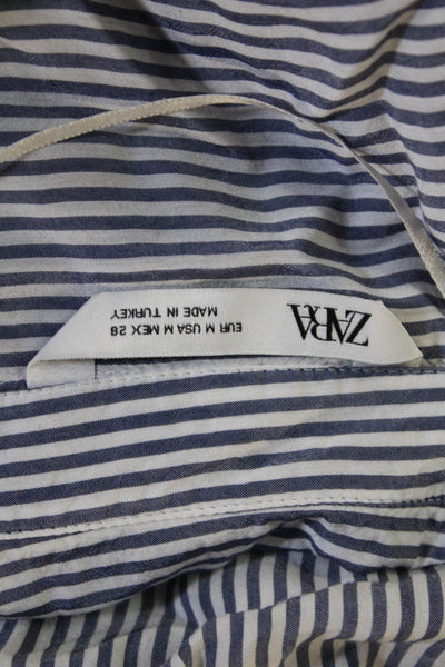 Zara Womens Striped Button-Up Long Sleeve Blouse Blue Cotton Blend Size M