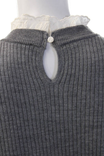 Maje Unisex Pullover Gray Striped Wool Mock Neck Button 3/4 Sleeve Size S