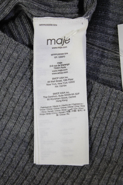 Maje Unisex Pullover Gray Striped Wool Mock Neck Button 3/4 Sleeve Size S