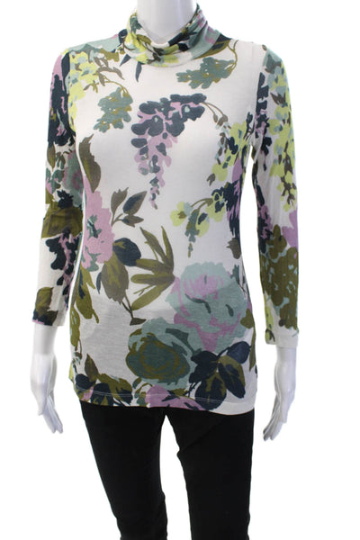 Rosso35 Women Jersey Floral Mock Neck 3/4 Sleeve White Size XS