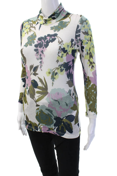 Rosso35 Women Jersey Floral Mock Neck 3/4 Sleeve White Size XS