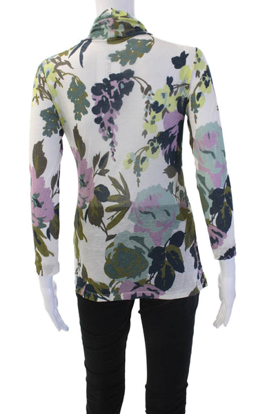 Rosso35 Women Jersey Floral Mock Neck 3/4 Sleeve White Size XS