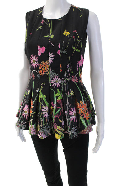 Gracia Women Black Floral Sleeveless Round Neck Blouse Polyester Spandex Size S