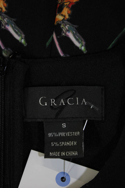 Gracia Women Black Floral Sleeveless Round Neck Blouse Polyester Spandex Size S